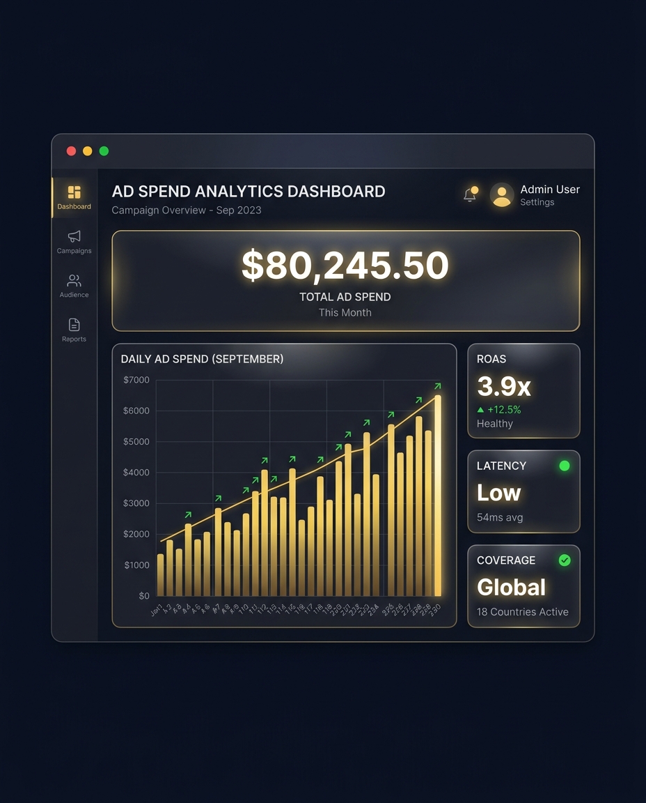 Roman Marketing Agency smart dashboard showing ad spend analytics